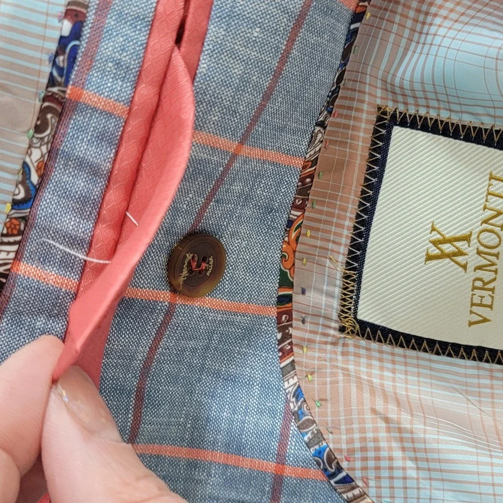 Vermonti Milan Linen Tailored Fit Windowpane Plaid Sport Coat Blazer Blue 42R